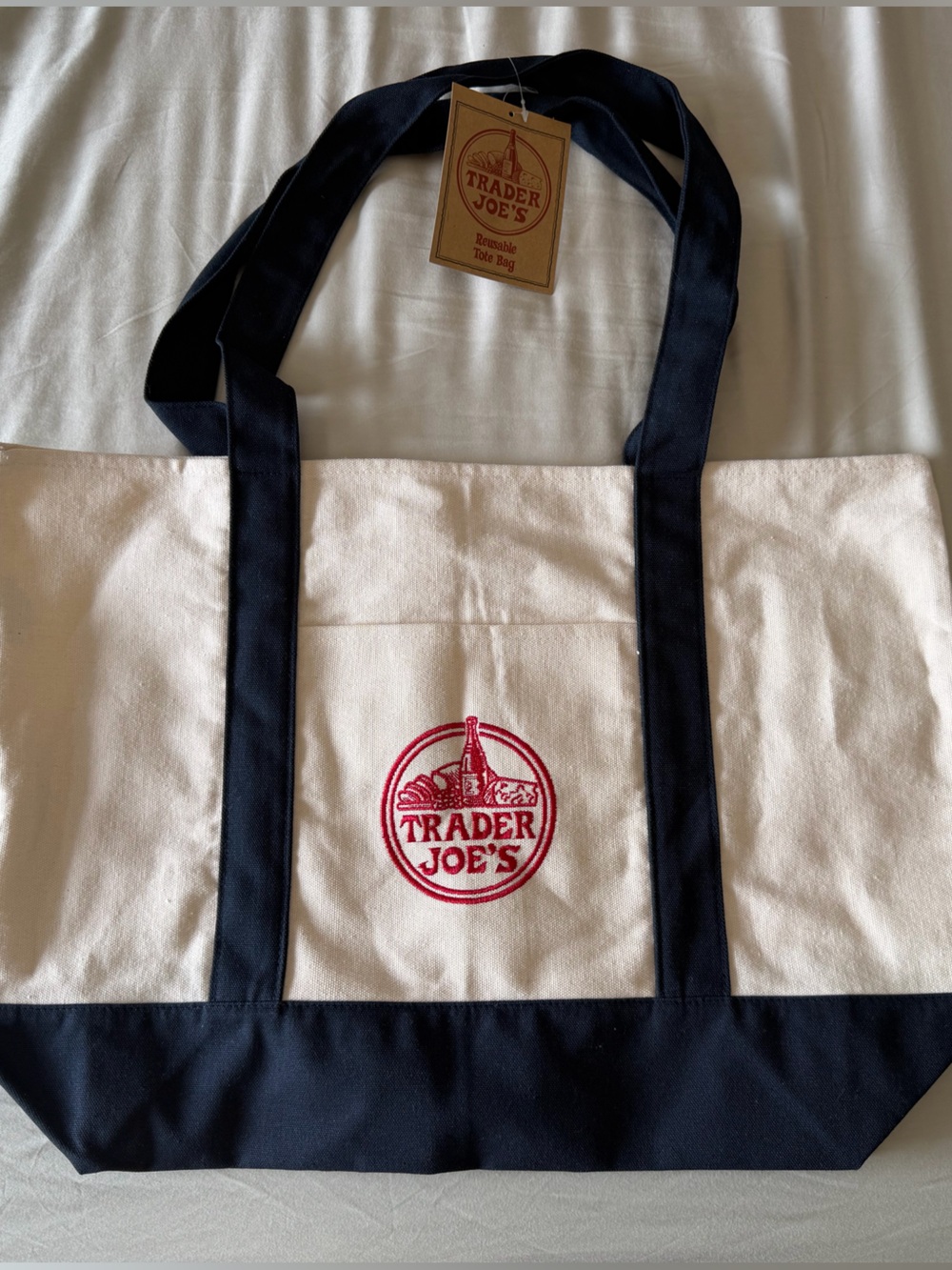 Full Sized Large Trader Joe's Canvas Tote Bag in Cream and Navy with Red Logo